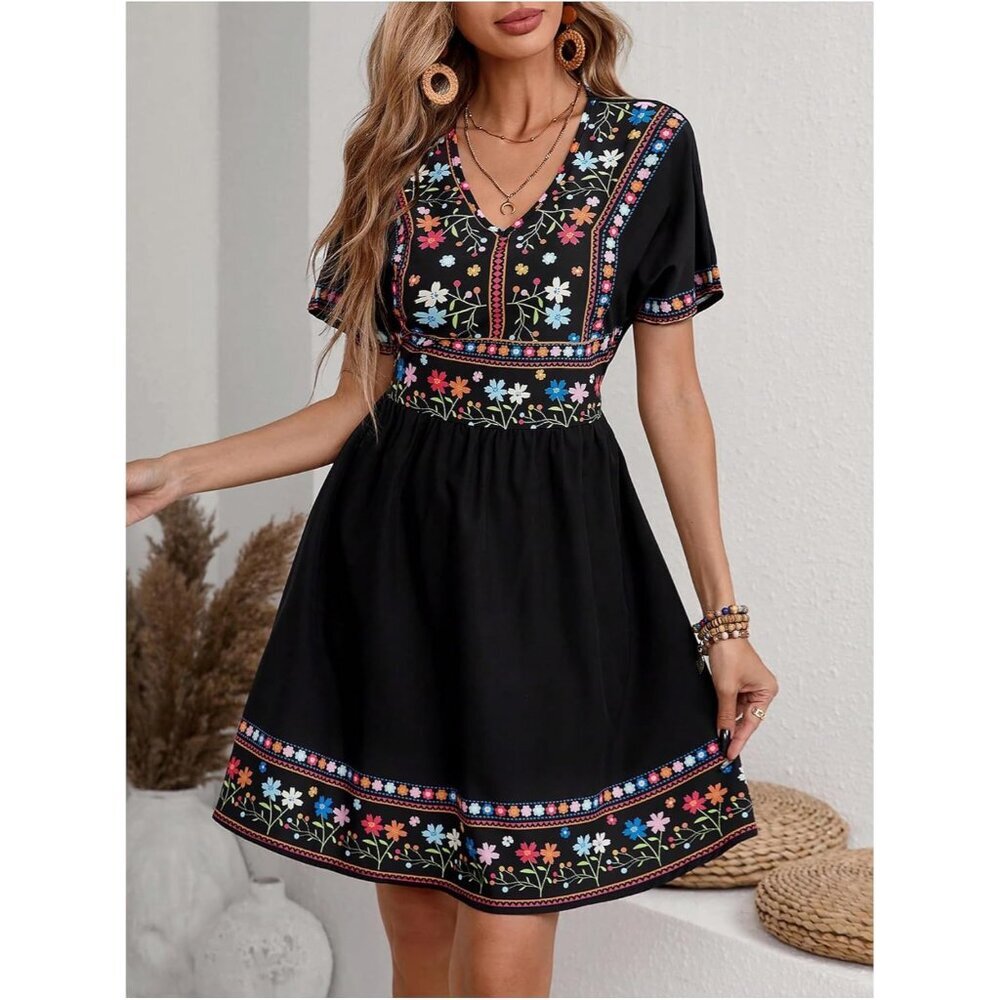 Women's Floral Print A Line Dress V Neck Short Sleeve Boho Vacation - Picture 5 of 5